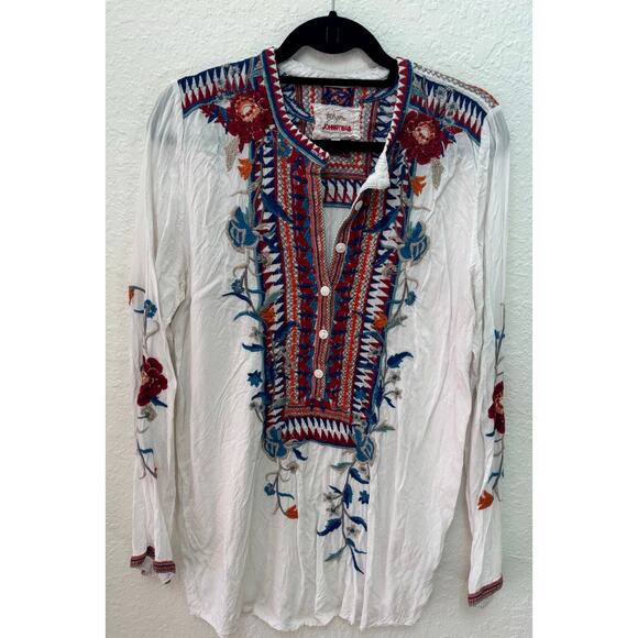Johnny Was Laila Blouse Medium Embroidered Button Henley Boho Cottagecore $225 - Picture 1 of 8